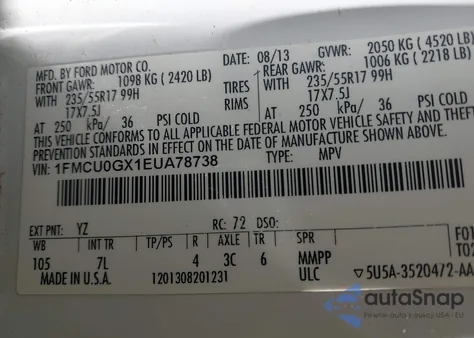 2014 Ford Escape Se from USA, damaged, VIN 1FMCU0GX1EUA78738